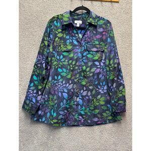 d&co Denim & Co Leaf Print Button Up Shirt Women US L Modern Bohemian‎